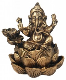 Incensrio Cascata Ganesha na Flor de Lotus 12cm Resina